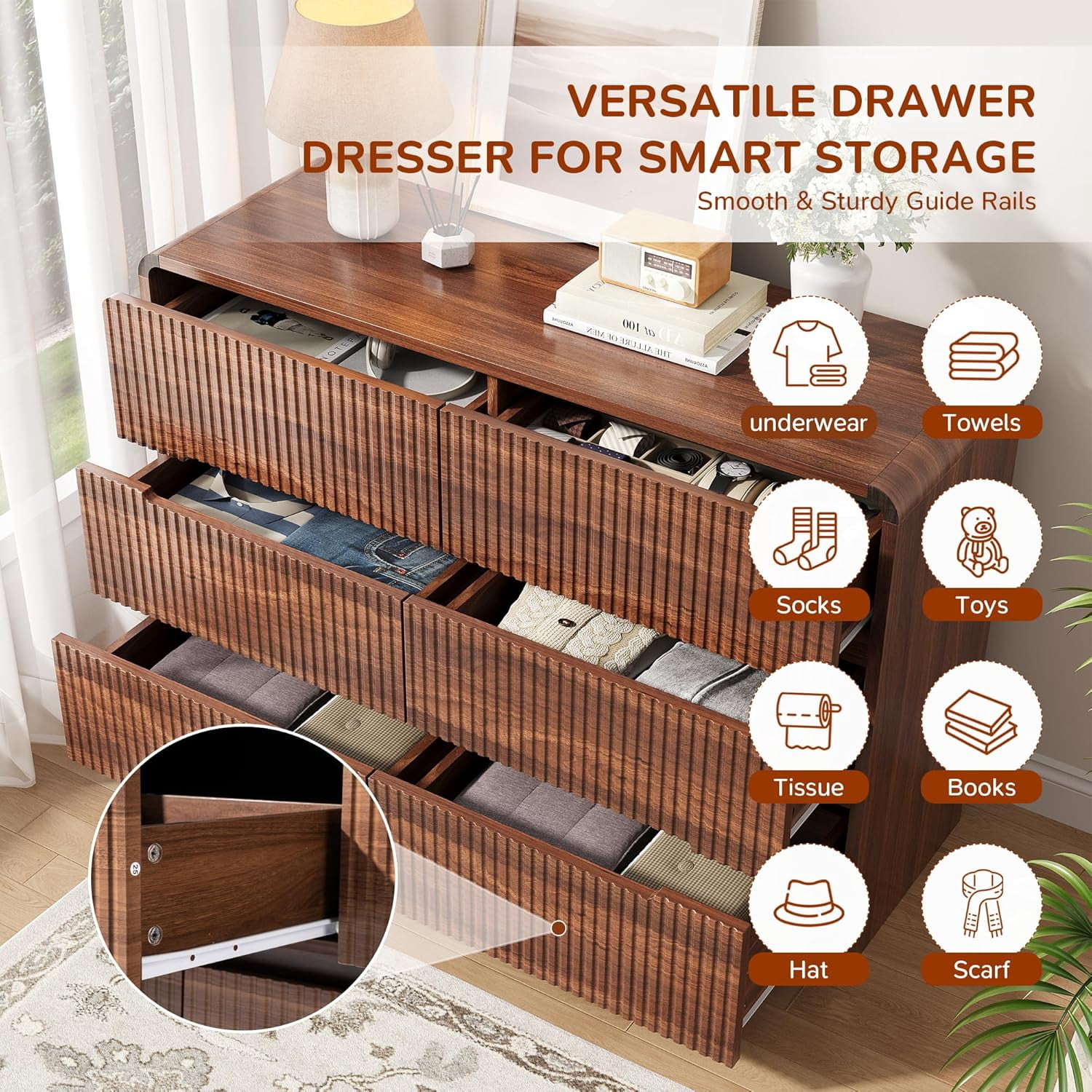 Fluted Dresser for Bedroom, 6 Drawer Dressers for Closet 48" Wide Large Wood Dresser Modern TV Stand, Wooden Clothes Storage Organizer Chest of Drawers for Living Room Hallway Entryway