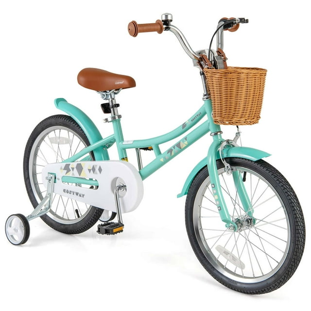 Costway Vélo pour Enfants 18 Pouces avec Guidon, Selle, Panier et Sonnette Réglables en Hauteur, Roues Stabilisatrices, Vert