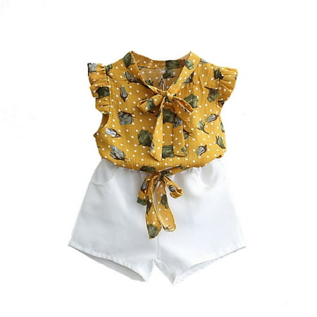 

DNDKILG Toddler Baby Girls Summer T Shirts and Set Outfits Clothes Set Short Sleeve with Yellow 1Y-6Y 120