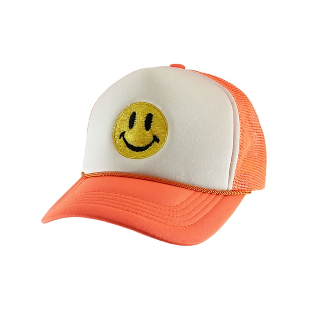 Gravity Threads Smile Face Embroidery Adjustable Trucker Hat - Smile - White/Neon Orange