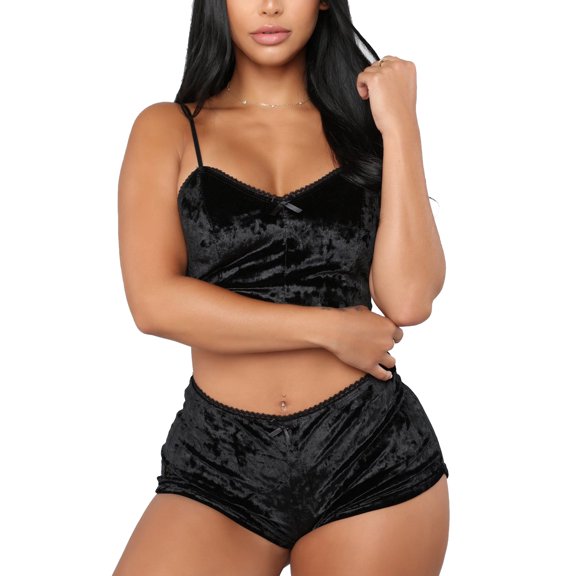 Canrulo Women's Velvet Spaghetti Strap Sleeveless Crop Top Camisole and Shorts Pajamas Set