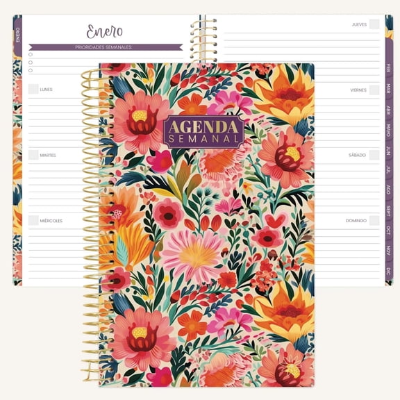 bloom daily planners Undated Spanish Planner 5.5 x 8.25 Weekly and Monthly Goal Agenda Cheerful Garden