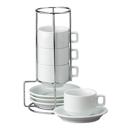 HIC 9-Piece Stackable Espresso Coffee Tea Set, Fine White Porcelain, Set Includes 4 (4-Ounce) Cups with Matching Saucers and Metal Stand, Gift Boxed