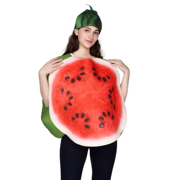 Adult Watermelon Slice Halloween Costume Jumpsuit with Matching Hat, Halloween Cosplay Costumes Fresh Fruit Role Play Outfit for Themed Parties, Stage Events and Carnival