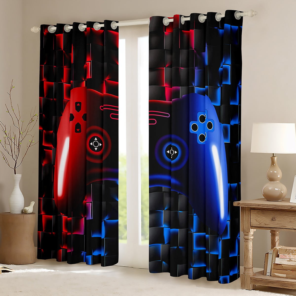 Gaming Window Curtains Bedroom 38"Wx45"L 30%-50% Blackout Curtains 3D Geometric Gamer Curtains & Drapes,Game Console Window Treatments 2 Panels,Neon Red Blue Black