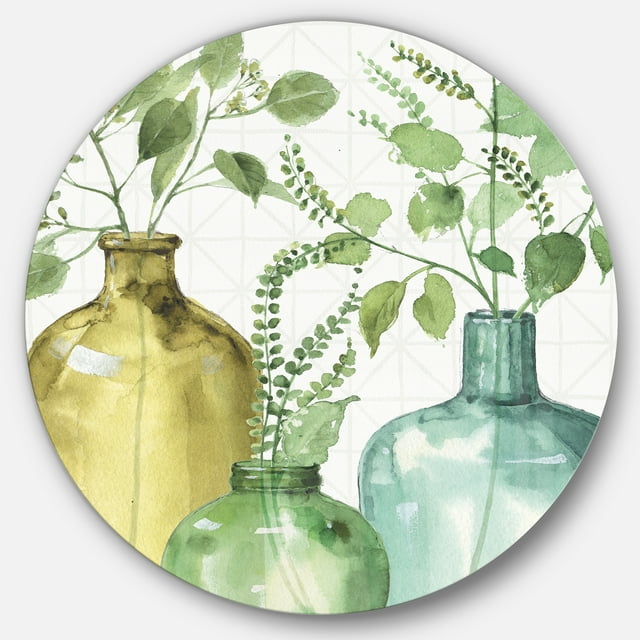 Designart 'Mixed Botanical Green Leaves IX' Farmhouse Metal Circle Wall Art