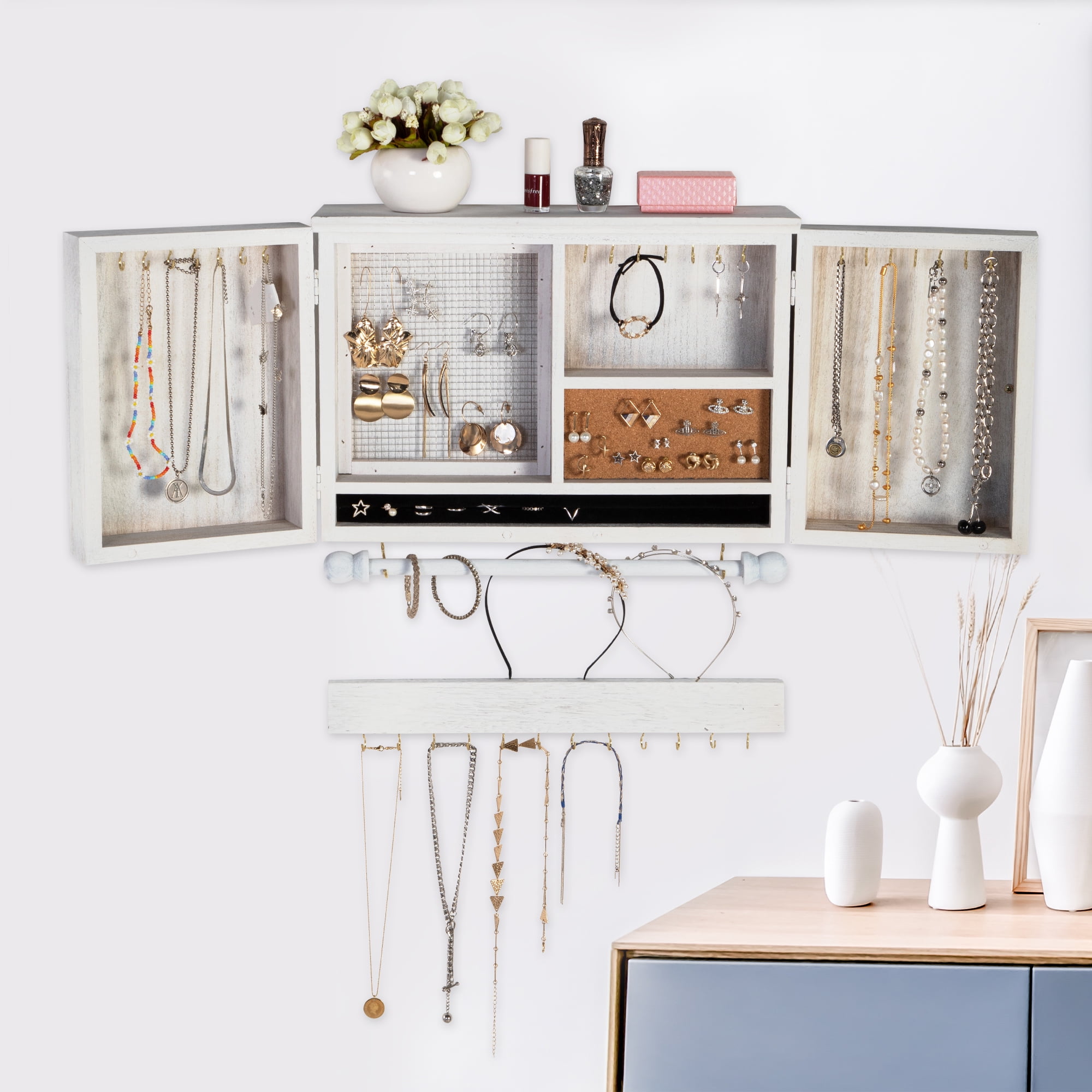 Sandinrayli Wall Mount Jewelry Organizer with Wooden Barn Doors, Rustic Jewelry Holder with Removable Hanging Rod for Earrings Bracelets Necklaces Ring Holder Includes Hook Organizer