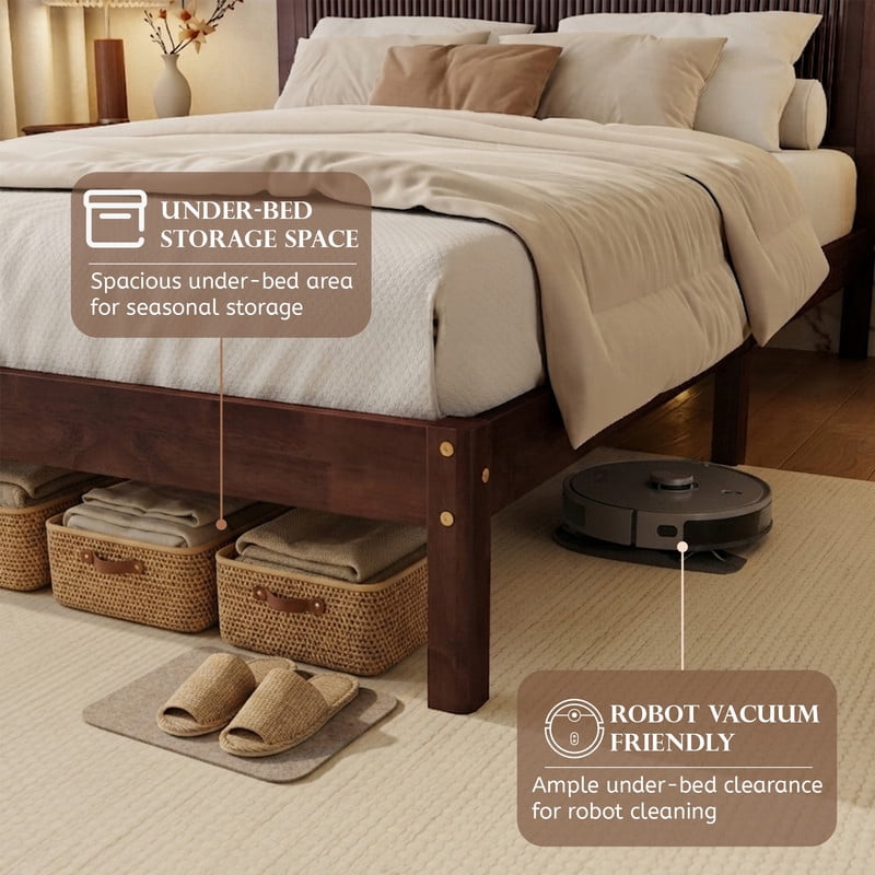 Queen Size Wood Bed Frame with Wave-Fluted Headboard, Low-Profile Platform Bed with Central Support Legs and Under-Bed Space