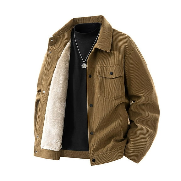 Donemore Men's Thermal Lined Corduroy Jacket Winter Solid Color Lapel Button-Up Long Sleeve Coat for Outdoor Casual