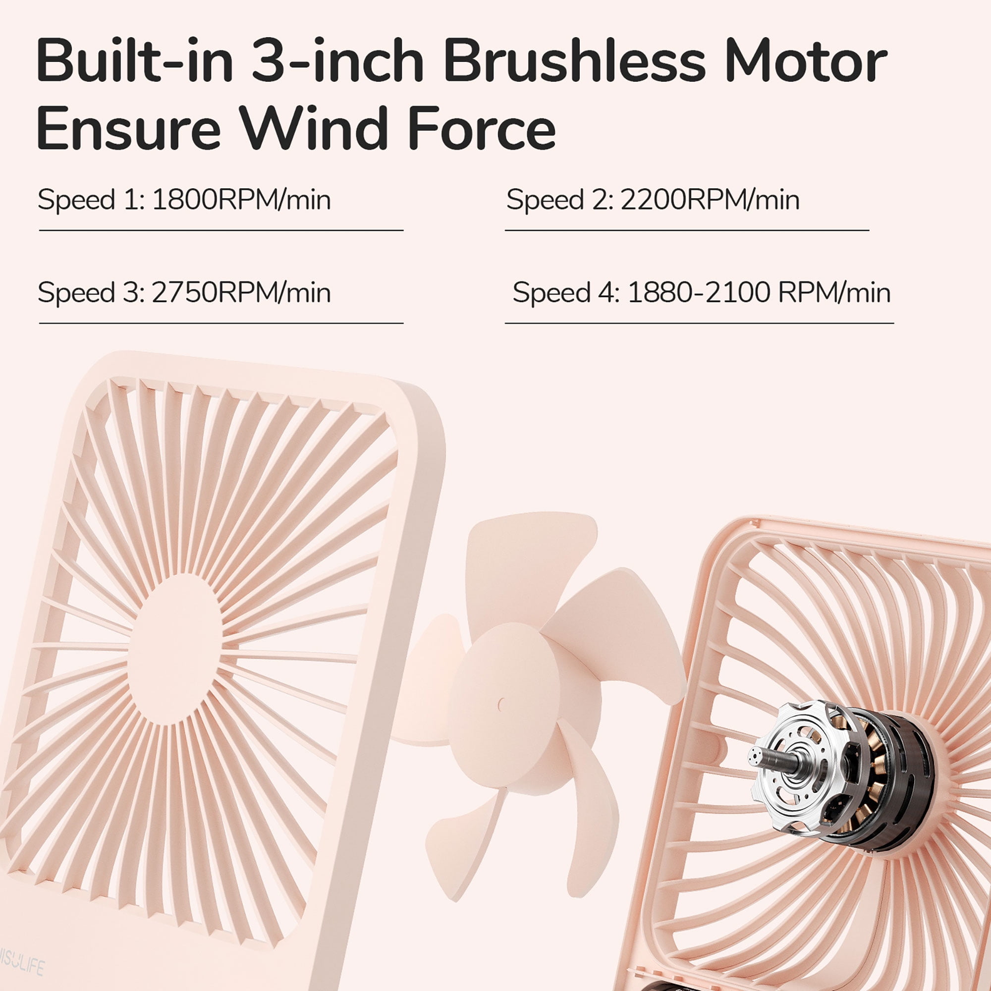 JISULIFE Desk Fan Battery Rechargable Fan，4500mAh 180°Foldable Portable Personal Fan, 4 Speeds Adjustable Long Battery-life for Home Office Travel Outdoor-Pink