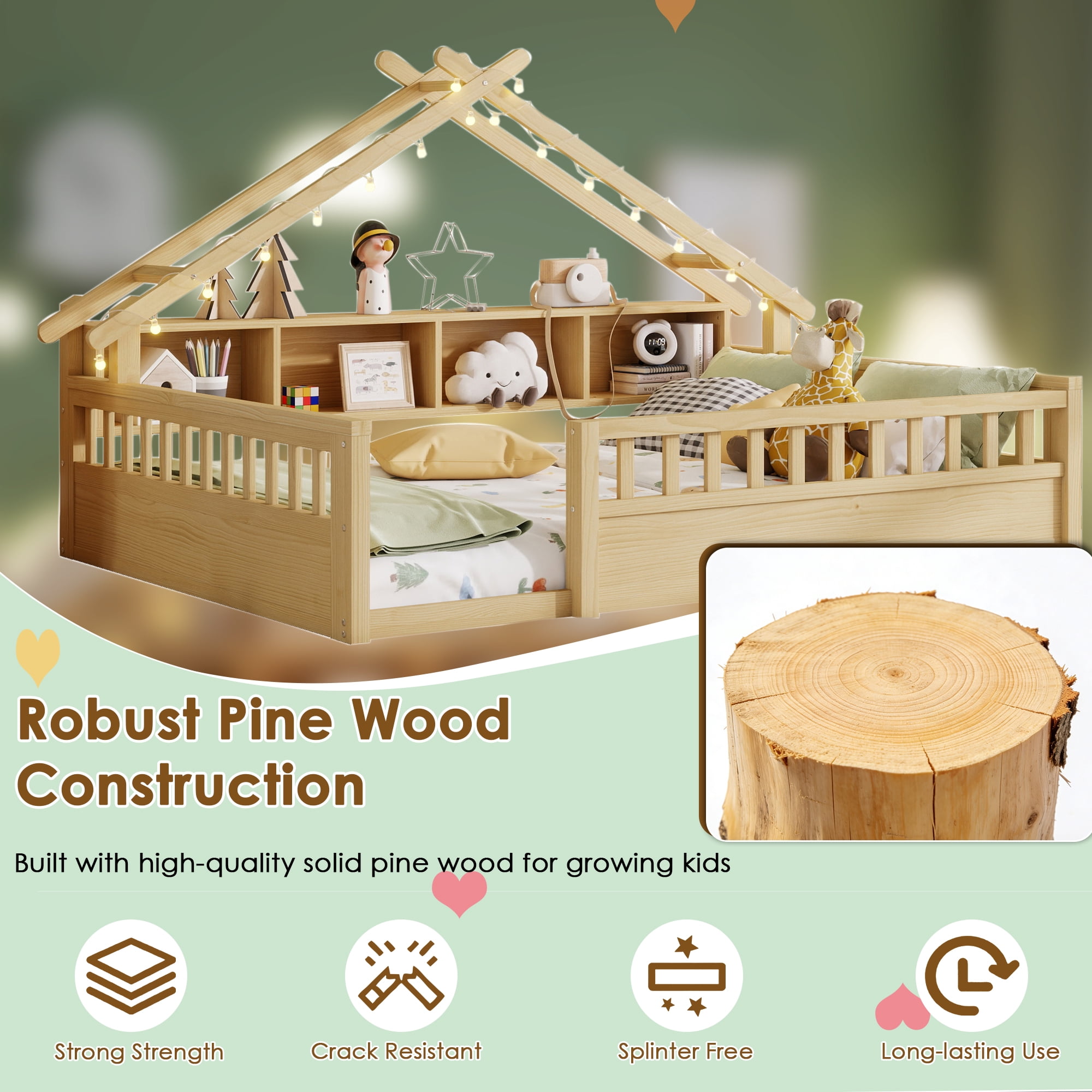 Mirightone Full Size Montessori Floor Bed with LED Light, Storage Bookcase & Safety Rail, Solid Pine Wood  House Floor Bed, No Box Spring Needed (Natural)