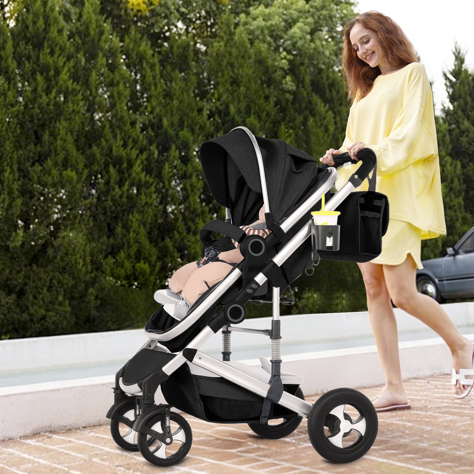 LINLUX 2 in 1 Baby Stroller w/ Diaper Bag & Big Wheel, Infant Pushchair, 23 Pounds,  Black