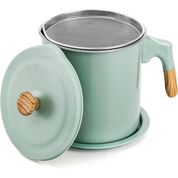 Bacon Container with Strainer, 1.4L/48 Oz | Stainless Steel Oils Filter Pot for Kitchen, Green Cooking Oil Storage for Cooking Oils, and Frying Oil