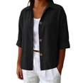 thumbnail image 2 of Sheghy Womens Tops Oversized Urban Solid Cotton Linen Lapel Button Curved Hem 3/4 Sleeve Outer Shirt Black S, 2 of 7