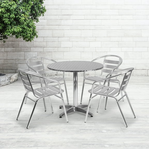 Emma   Oliver 31.5" Round Aluminum Table Set with 4 Slat Back Chairs