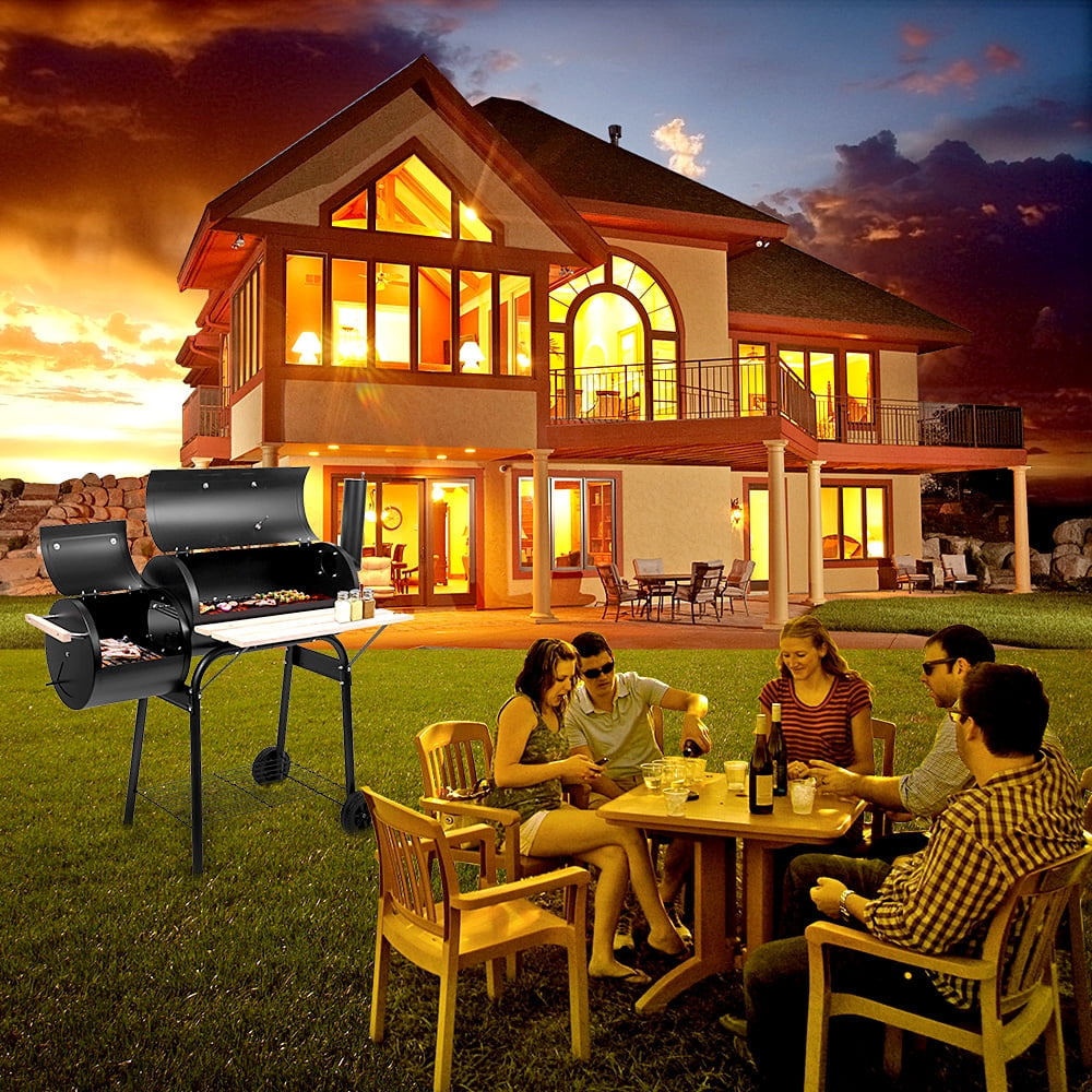 ENYOPRO Outdoor Charcoal Grill and Smoker, Charcoal Barbecue Grill with Large Cooking Surface, Oil Drum Charcoal Furnace and Offset Smoker Combo with Wheels, for Camping Garden Backyard Cooking Picnic