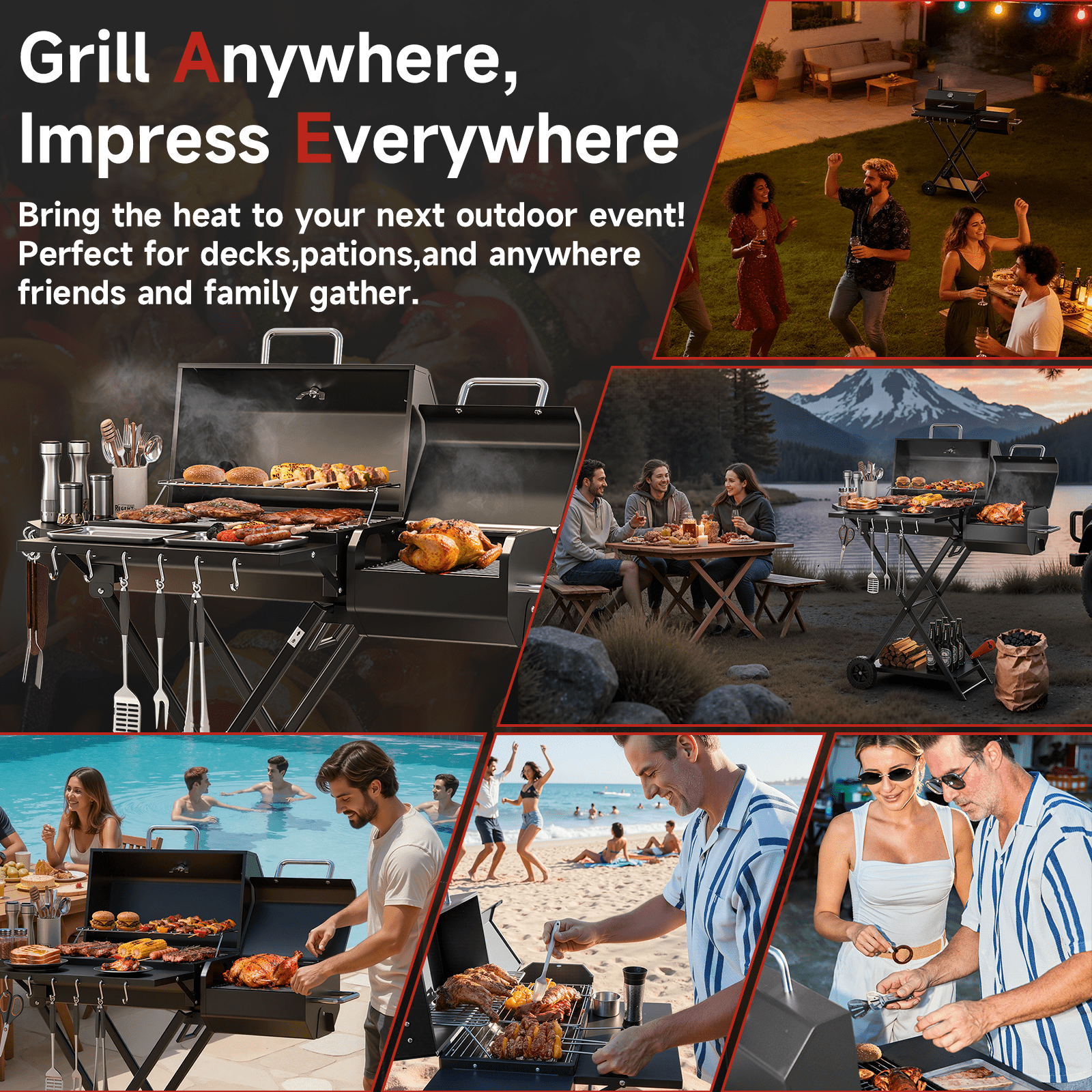 KScocina Barrel Charcoal Grill with Offset Smoker, 2-in-1 Foldable Suitcase BBQ Combo, 600 sq. in. with Waterproof Cover, for Outdoor Grilling and Backyard Cooking, Black