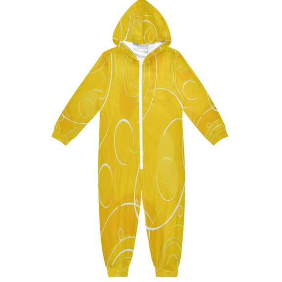 Soft Big Kids Onesie Pajamas Cozy Loose-Fit Jumpsuits for kids with Pockets for Christmas Lounge & Play Yellow Circles and Lines