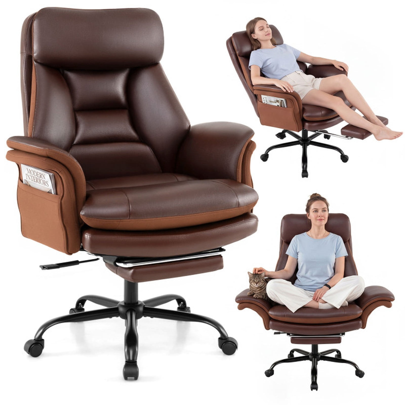 Furnibear Big and Tall Ergonomic Office Chair 400 lbs High Back Wide Faux Leather Computer Chair with Retractable Footrest, Brown
