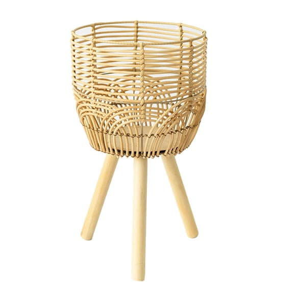 Cesta para plantas con soporte de ratán, maceta de pie, patas de madera M