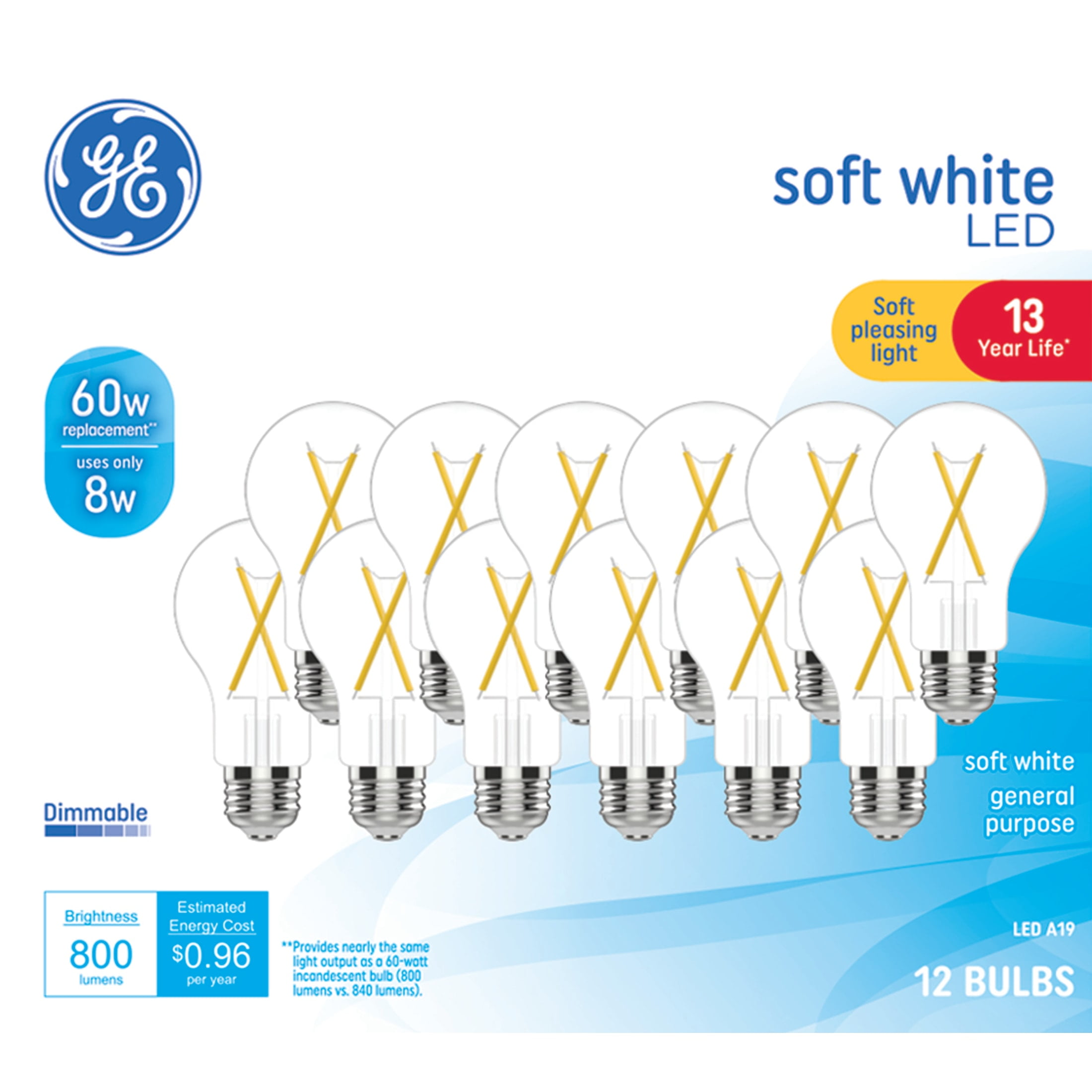 (2 pack) GE LED Light Bulbs, 60 Watt Replacement, Soft White, A19 General Purpose Bulbs, 12pk