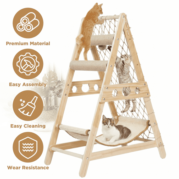 VGBYUJ Cat Hammock, Cat Tower for Indoor Cats with Straching Post Climbing Web and Danging Sisal Ball, Cute Solid Wood Cat Tree