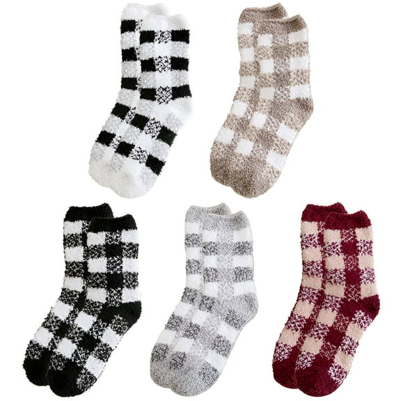 TELOLY Fuzzy Socks Soft Plaid 5 Pairs Thickened Fluffy Socks Crew Socks for Women Man