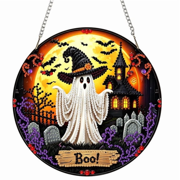 Tarmeek Halloween Decorations Ghost Hanging Ornament Round Acrylic Diamond Art Spooky Decor with Witch Hat, DIY Rhinestone Sign for Indoor Outdoor