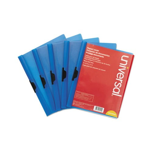 Plastic Report Cover w/Clip Letter, Holds 30 Pages, Clear/Blue, 5/PK