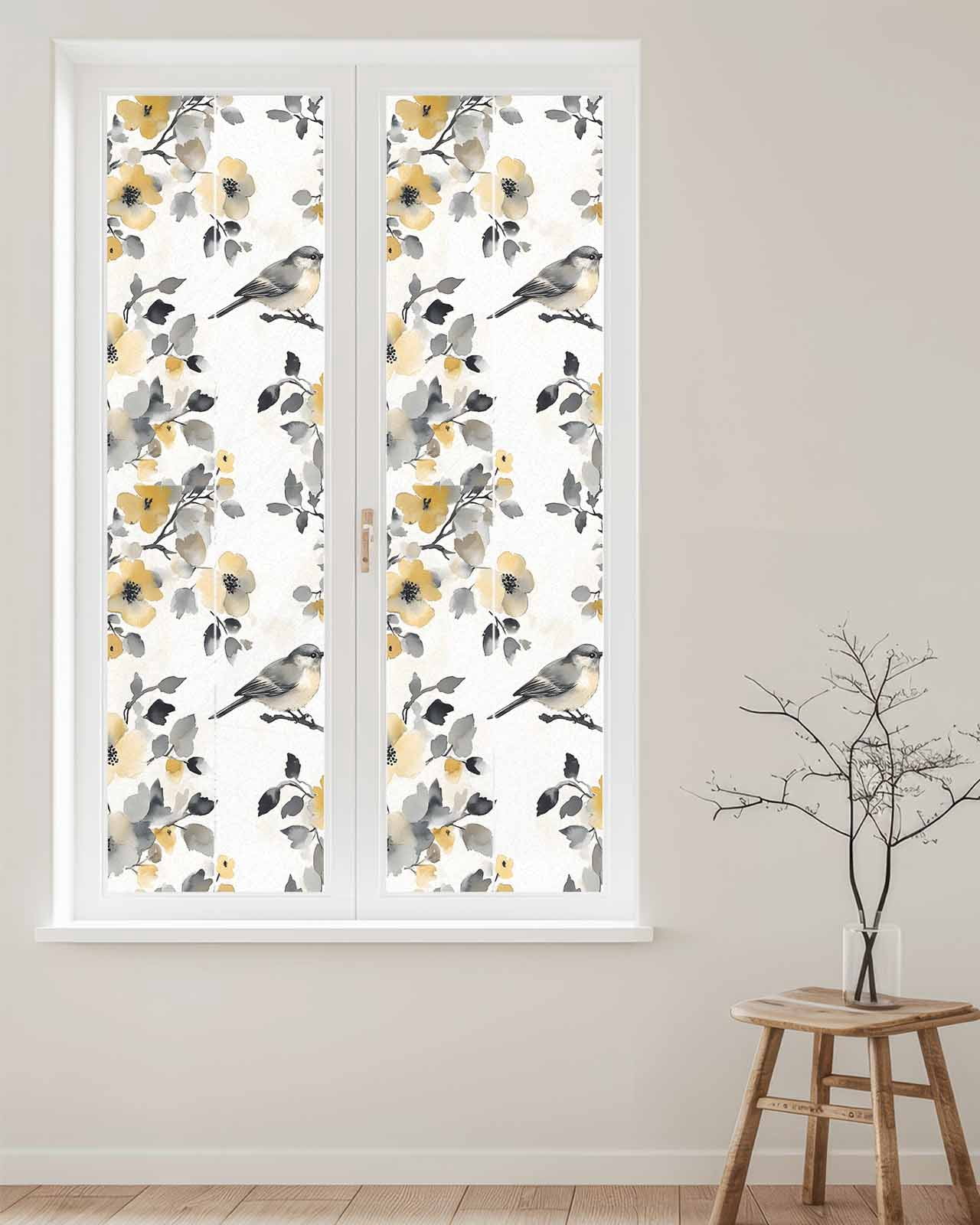 Window Privacy Film Yellow Grey Botanical Stained Glass Window Film Decorative Sun Block Window Cover Spring Floral Birds Retro Summer Window Clings Static Adhesive Sticker for Bathroom 23.6"x78.7"