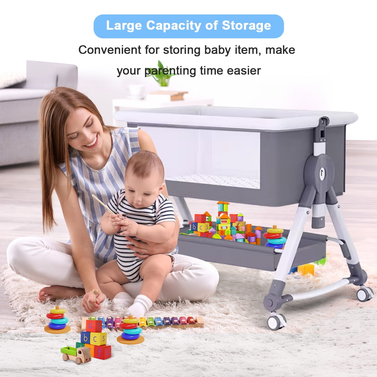 Liyufly  Baby Bassinet, 4 in 1 Infant Bedside Crib with Storage Basket and Wheel &Changing Table, Adjustable Infant Cradle, Gray