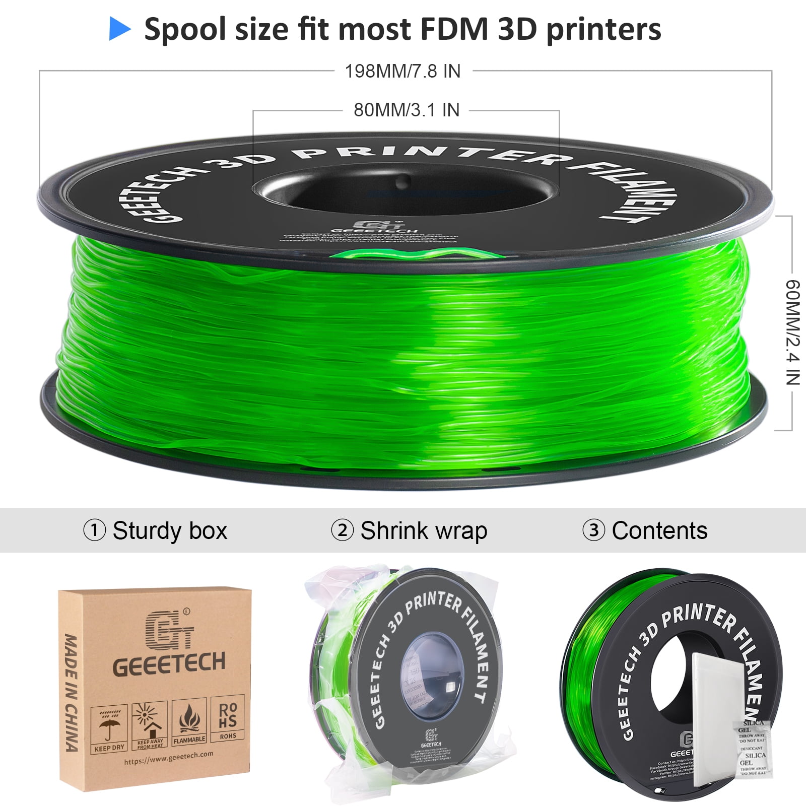 Geeetech 5pcs TPU Filament 1.75mm Flexible Soft 3D Printer Consumables green, 5kg Spool (11 lbs.), Dimensional Accuracy +/- 0.03 mm