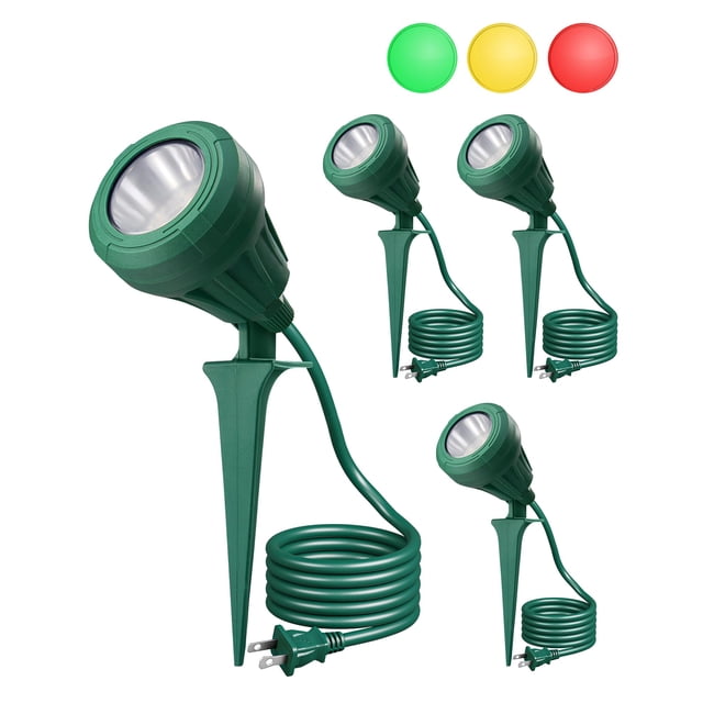 EDISHINE Projecteurs LED Extérieurs 120V, Projecteur à Brancher 5.5W avec 3 Lentilles (Rouge Vert Jaune) & Tête de Lampe Rotative 180°, 5000K