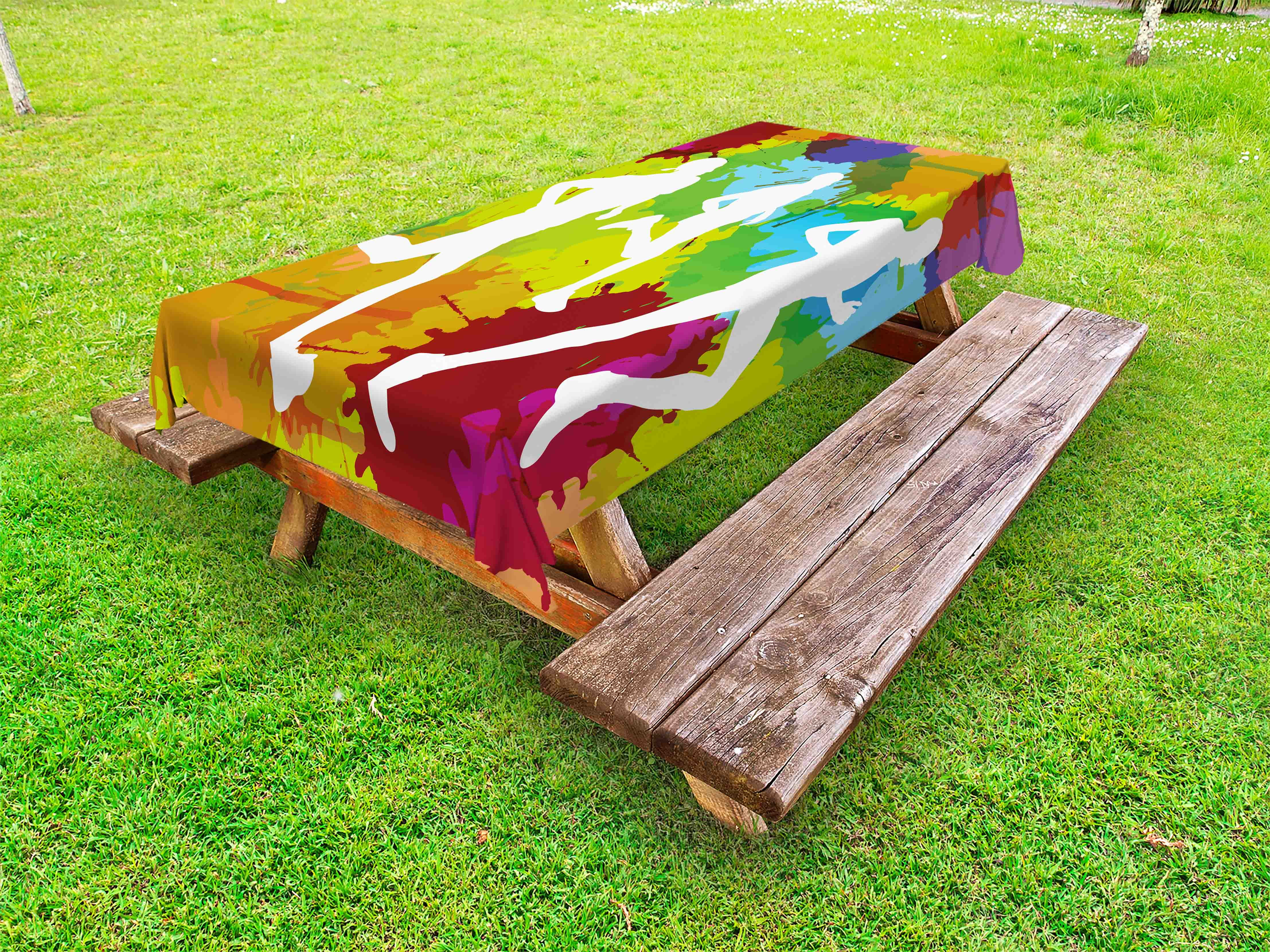 Fitness Outdoor Tablecloth, Runners Silhouettes on Watercolor Splashes