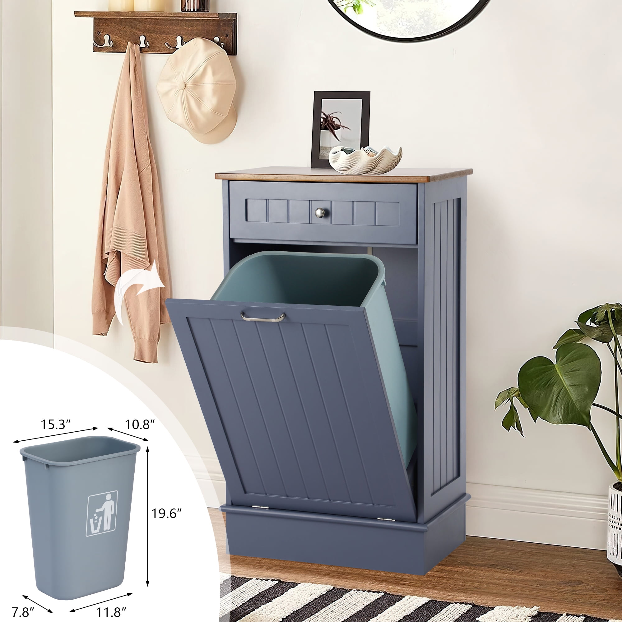 KIGOTY Kitchen Tilt-Out Trash Cabinet, 10 Gallon Pet Proof Wood Trash Cans Blue