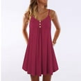 thumbnail image 2 of Womens Dresses Summer Sleeveless Spaghetti Strap Double Breasted Plain Shift Casual Dress Red L, 2 of 6