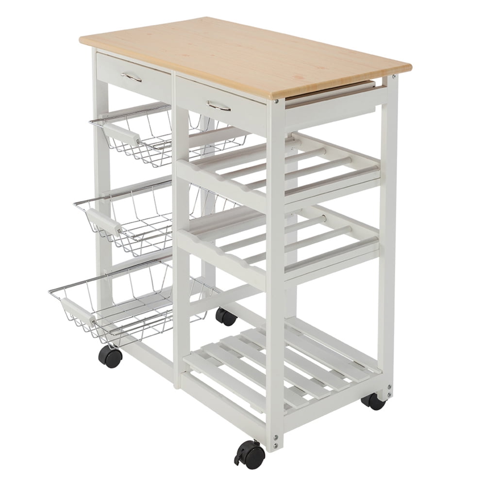 Kadyn Moveable Kitchen Cart, Kitchen Island Cart with Two Drawers & Two Wine Racks, Multifunctional Microwave Cart Bar Cart with hree Baskets, White Kadyn Moveable Kitchen Cart, Kitchen Island Cart with Two Drawers & Two Wine Racks, Multifunctional Microwave Cart Bar Cart with hree Baskets, White