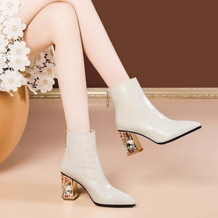 

Herrnalise Autumn Fashion Ladies Pointed Toe Short Tube Rhinestone High Heel Side Zipper Fashion Boots Leather Boots Girls Shoes