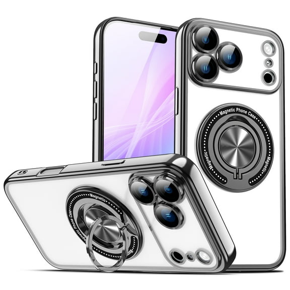 for iPhone 17 Pro Max Protective Clear Back Case with Built-in 360 Degree Rotating Grip Ring Kickstand, Shock-Absorbent TPU PC, Wireless Charging Compatible, Plating Magentic Anti-Scratch, Black