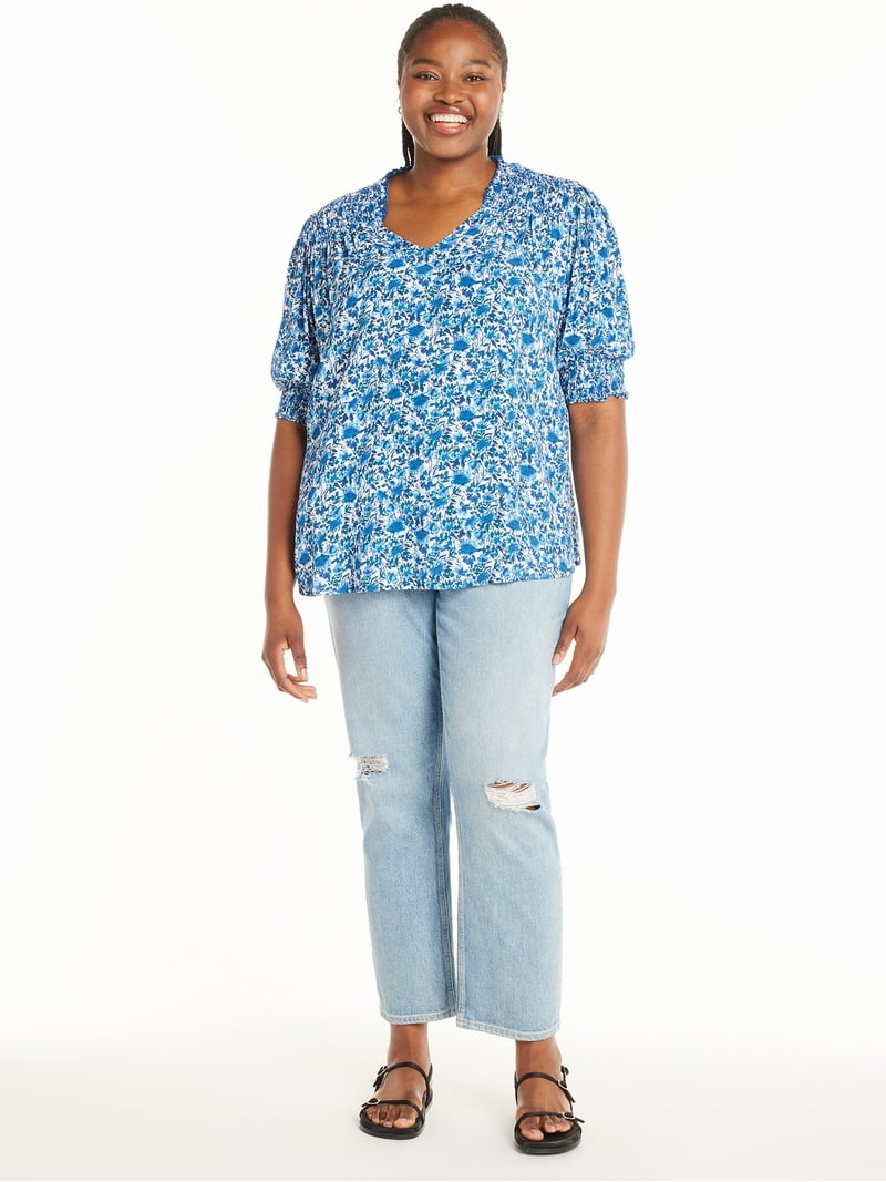 Terra & Sky Plus Size Smocked V-Neck Blouse, Floral, Relaxed Fit