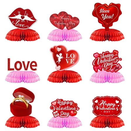 9Pcs Valentine's Day Honeycomb Centerpieces, 3D Red Pink Table Toppers with Heart, Lips & Ring, Paper Decorations for Wedding Anniversary Party