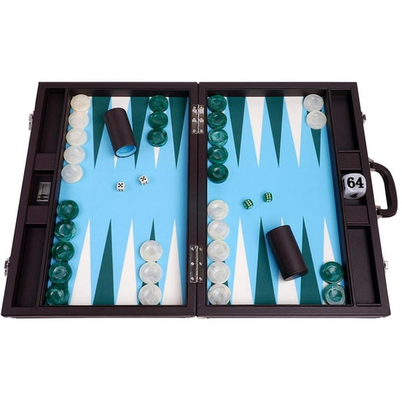 Wycliffe Brothers 21-inch Tournament Backgammon Set - Brown Case with Light Blue Field - Masters Edition