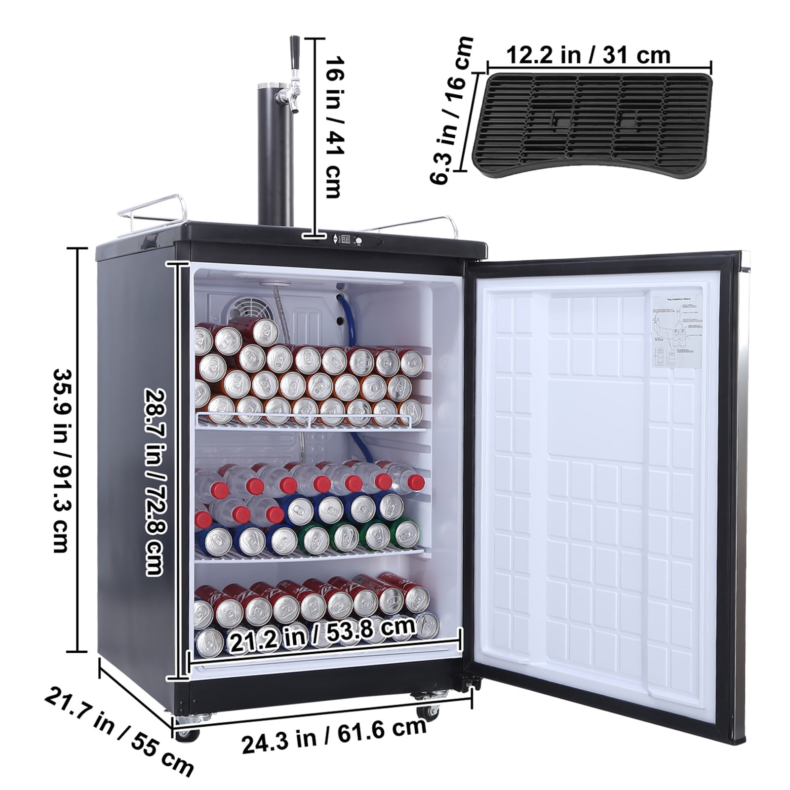 KFFKFF Single Tap Draft Beer Dispenser with Adjustable Temperature, Full-Size Keg Refrigerator Featuring Shelves, CO2 Cylinder, Drip Tray, and Rail, Compatible with 1/6, 1/4, and 1/2 Barrels