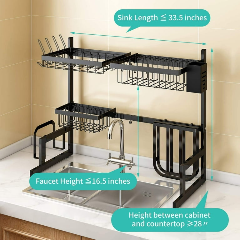 Over the Sink Dish Drying Rack, Kitchen Sink Organizer Dish Rack Stainless  Steel Over The Sink Shelf Storage Rack w/ Utensils Holder Hooks Dish for
