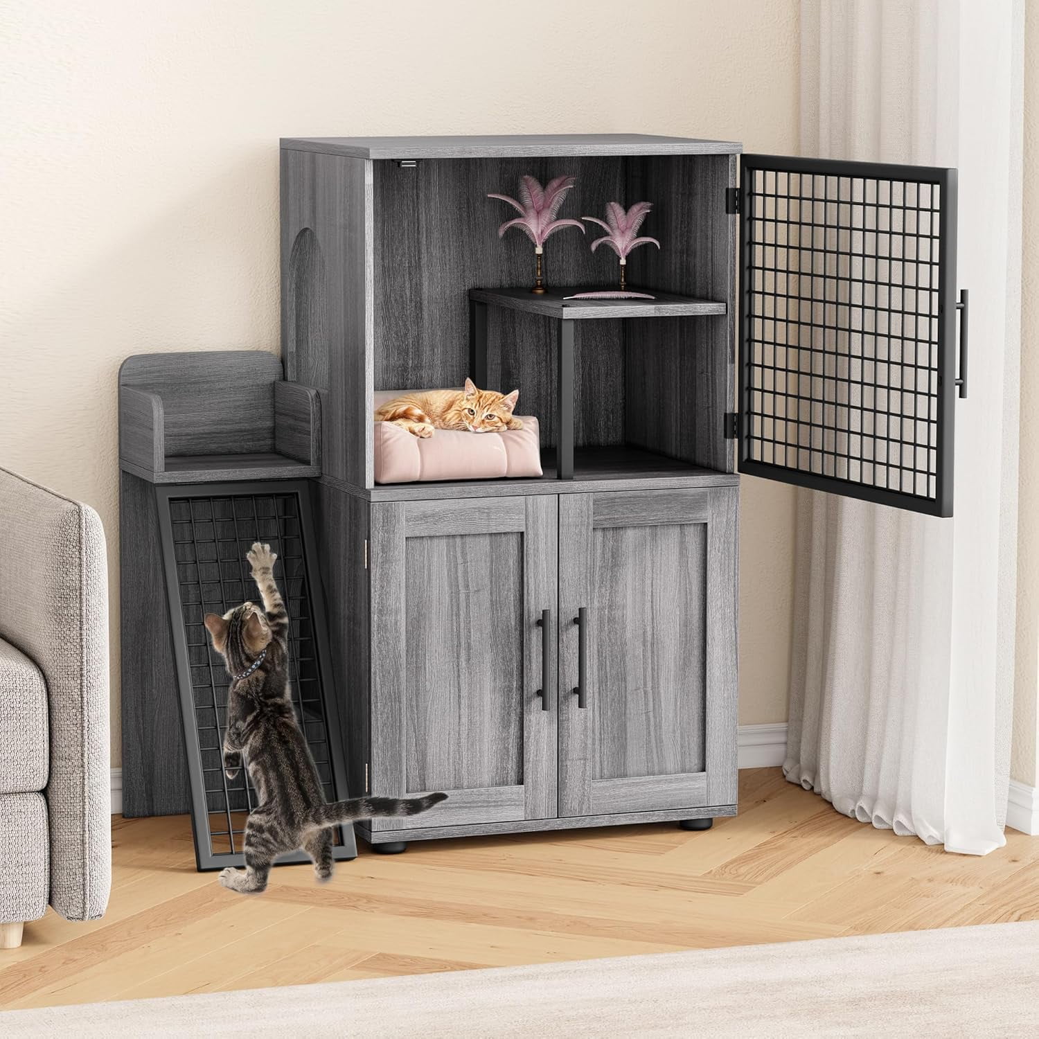 Grab Great Offers Modern Cat Litter Box Enclosure – Dual Layer Hidden Cat Washroom with Sturdy Ladder, Ideal Cat Cabinet for Indoor Cats in Black