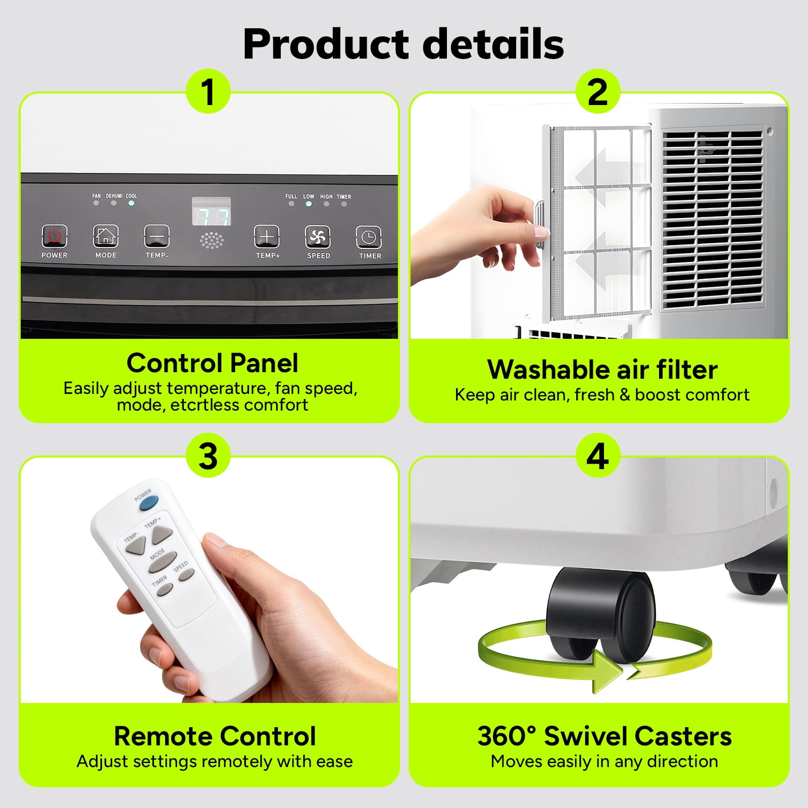 JIEJIA 8000 BTU Portable Air Conditioner, 3-in-1 AC Unit with Fan, Cool and Dehumidifier, Remote Control, Sleep Mode , for Rooms up to 250 Sq Ft