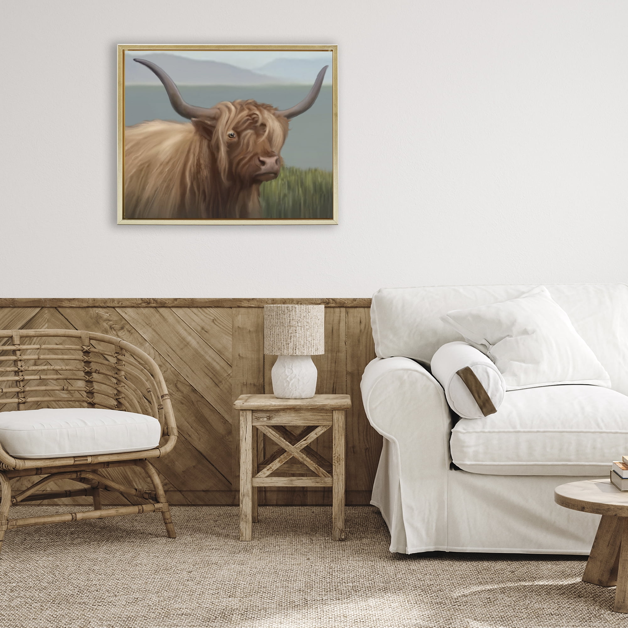 Stupell Industries Scottish Highland Cattle Landscape Gold Framed Floater Canvas Wall Art, design by Matthew Piotrowicz