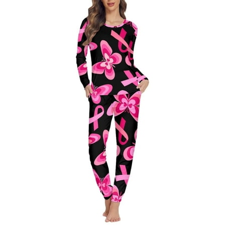 

Renewold 2 Pack Pj Set for Women Breast Cancer Awareness Pink Ribbon Butterfly Long-Sleeve Daily Wear Pajama Warmth Sport Sweatsuit Sleepwear Size XS