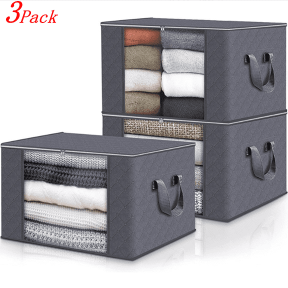 Bxaolu 3 Pack Clothes Storage, Foldable Storage and Organization, Storage Bins with Lids, Blanket Storage with Clear Window, Closet Storage with Reinforced Handles for Clothing, Bedding, Gray