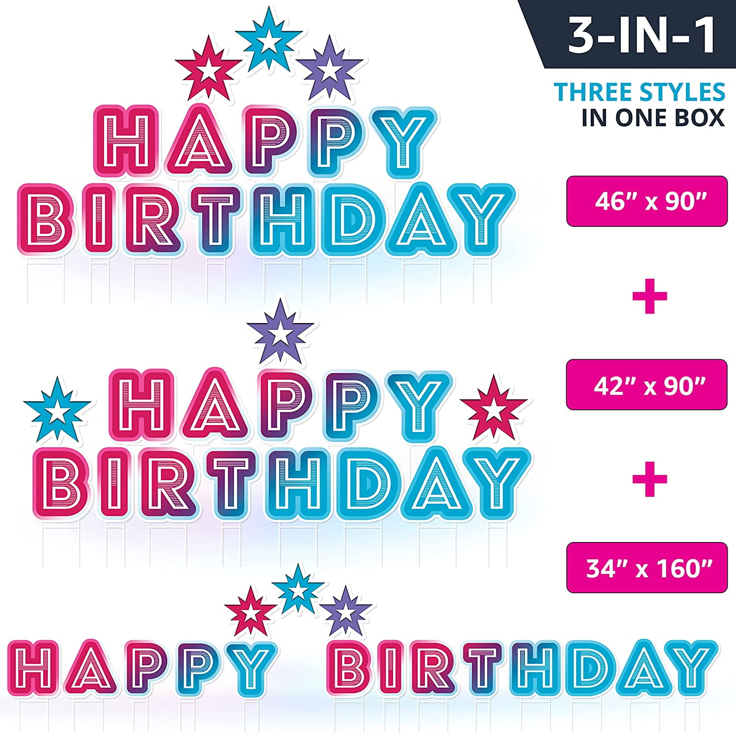 Yardlio Multicolored 3-in-1 Happy Birthday Yard Signs with Stakes and Stars, Tool-Free Installation, Waterproof, Durable